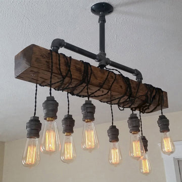 Industrial 8-Light Wood Beam Plumbing Pipe Hanging Bulbs Island Pendant Light